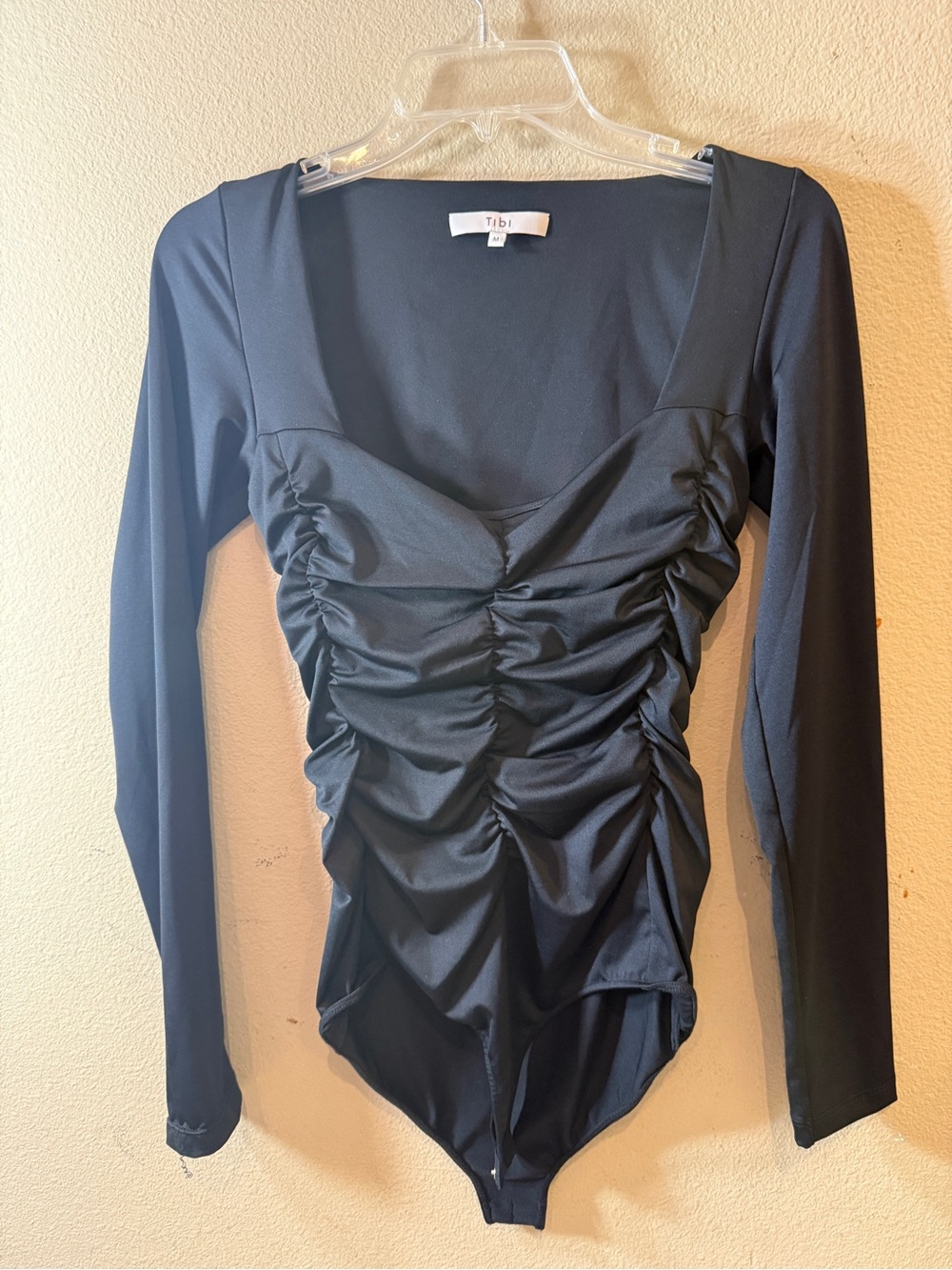 Tibi Black Long-Sleeve Ruched Bodysuit